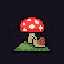 Pixel art red toadstool with white spots and a small snail on a mossy mound